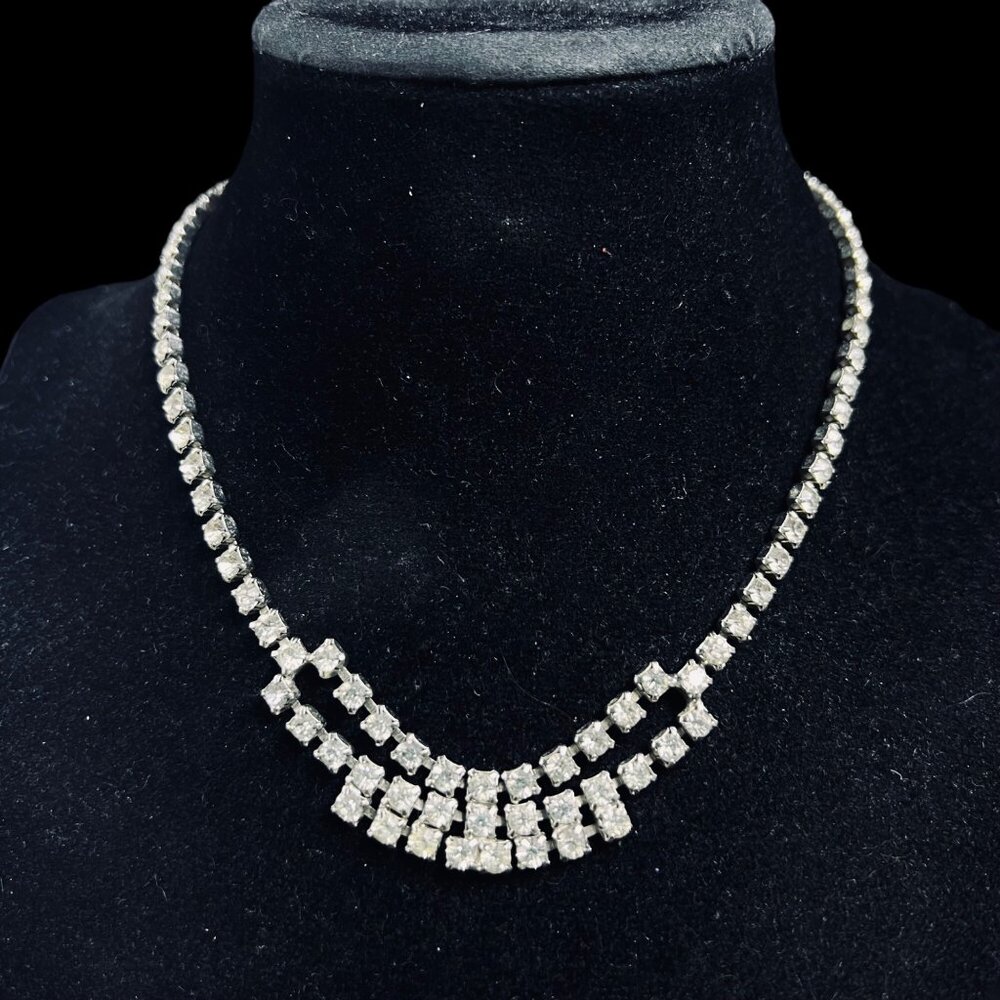 Vintage Silver Tone And Clear Rhinestone Choker Necklace (5313)